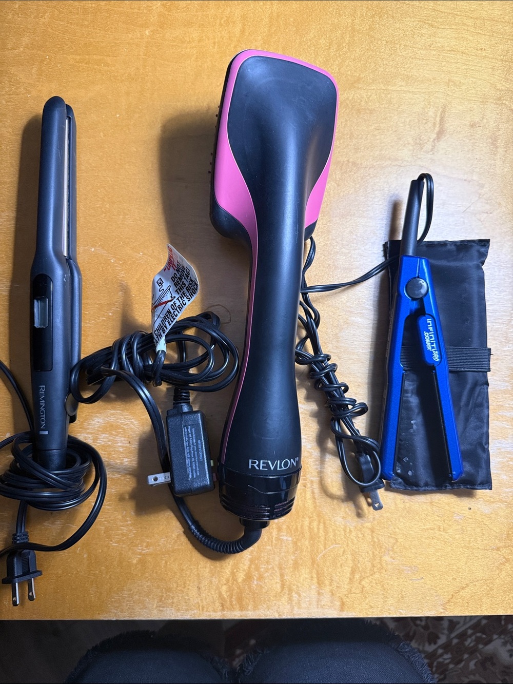 Revlon Black and Pink Hair Dryer Brush, Remington flat iron, Infinity Conair